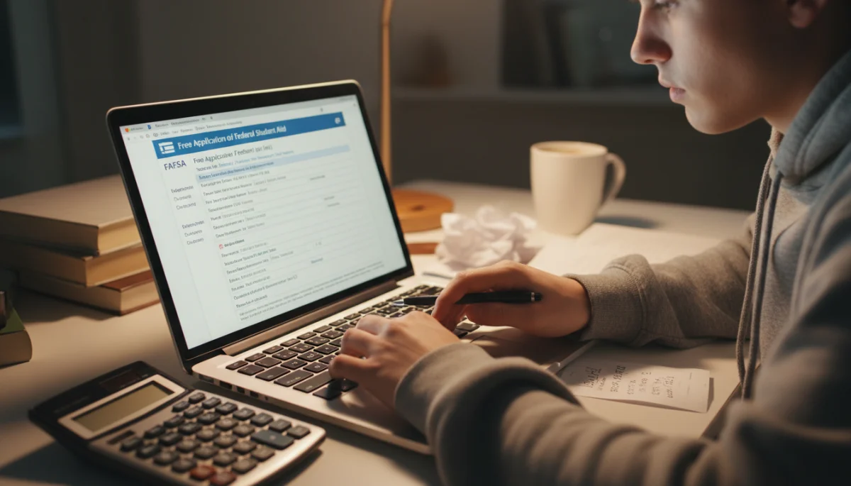 Student filling out FAFSA form on laptop for financial aid application.