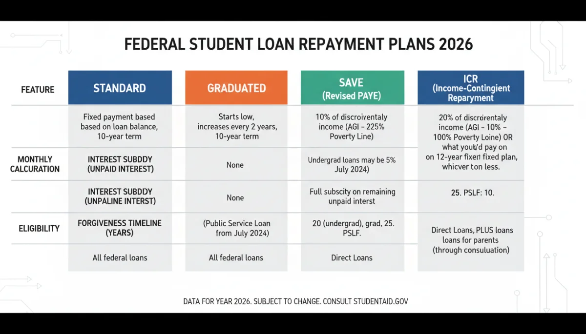 Infographic comparing various federal student loan repayment plans for 2026