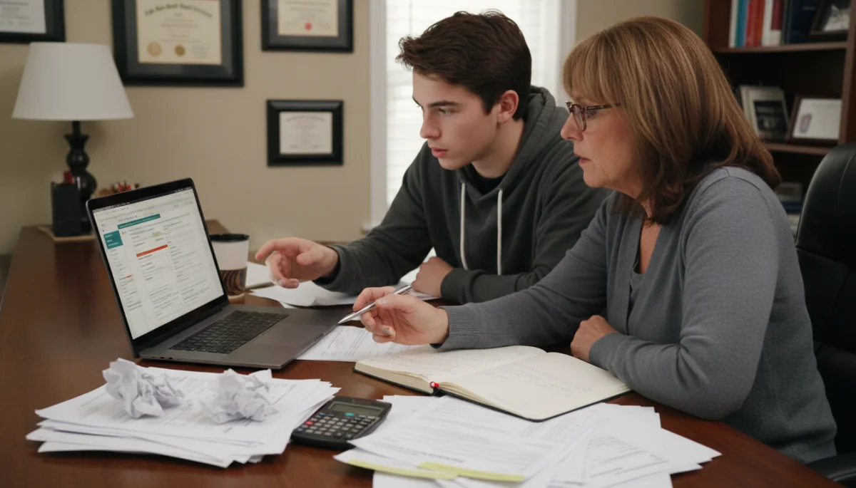 Student and parent reviewing FAFSA financial aid forms on a laptop