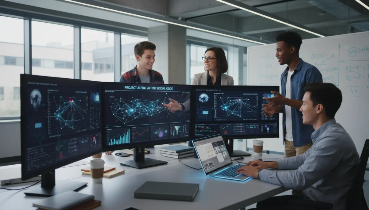 Students and professor collaborating on an AI-driven data science project