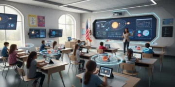 Students learning with advanced technology in a modern US classroom