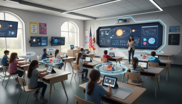 Students learning with advanced technology in a modern US classroom