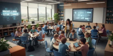 Students learning with innovative education programs in a modern classroom