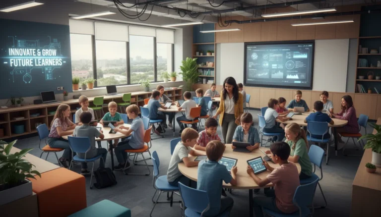 Students learning with innovative education programs in a modern classroom