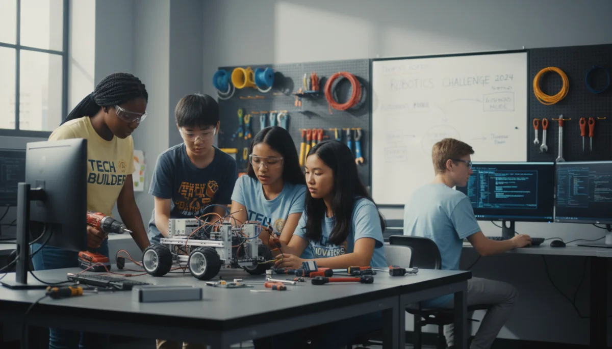 High school students collaborating on a robotics project, showcasing skill-based learning and technological integration in education.