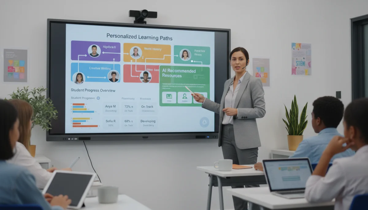 Educator using AI-powered smart board to manage personalized learning paths