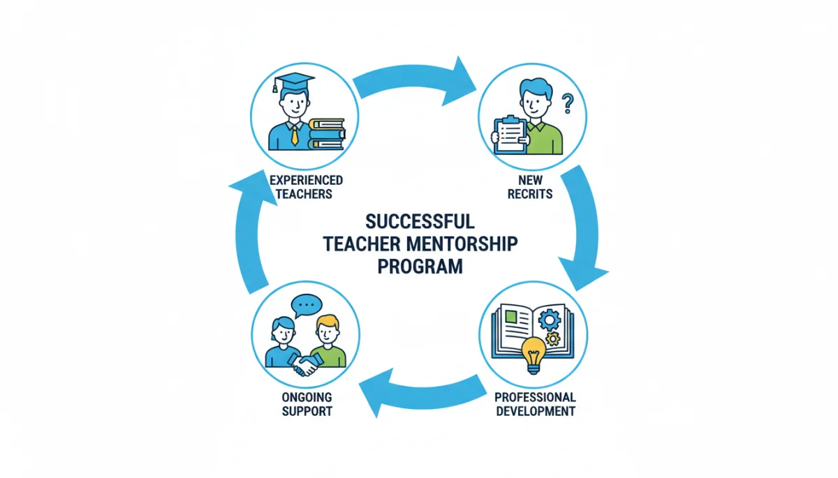 Graphic depicting a successful teacher mentorship program with icons for experienced teachers, new recruits, and professional development.