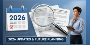 Illustration of 2026 calendar, unemployment forms, and a person strategizing for benefit claims.