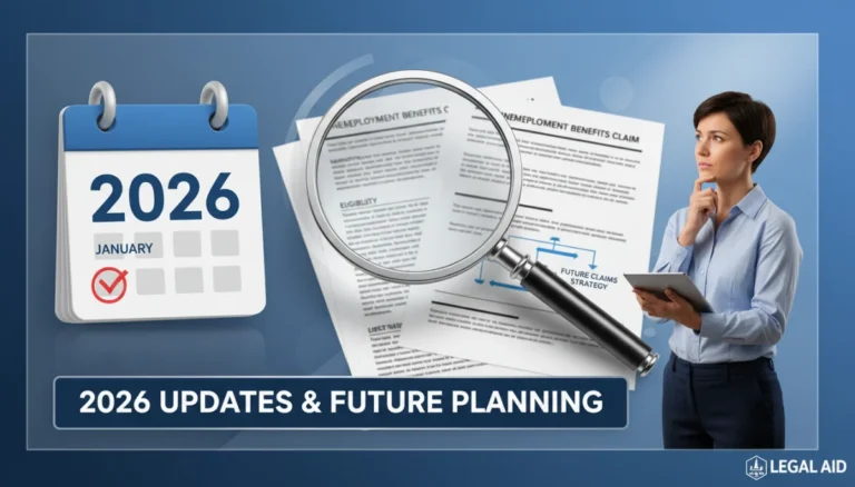 Illustration of 2026 calendar, unemployment forms, and a person strategizing for benefit claims.
