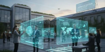 Modern university campus integrating AI technology in research and teaching by 2026