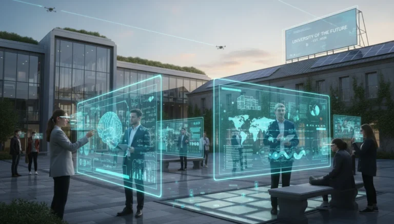 Modern university campus integrating AI technology in research and teaching by 2026