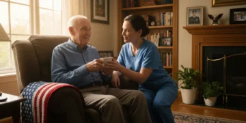 Elderly veteran receiving in-home care, smiling with caregiver assistance