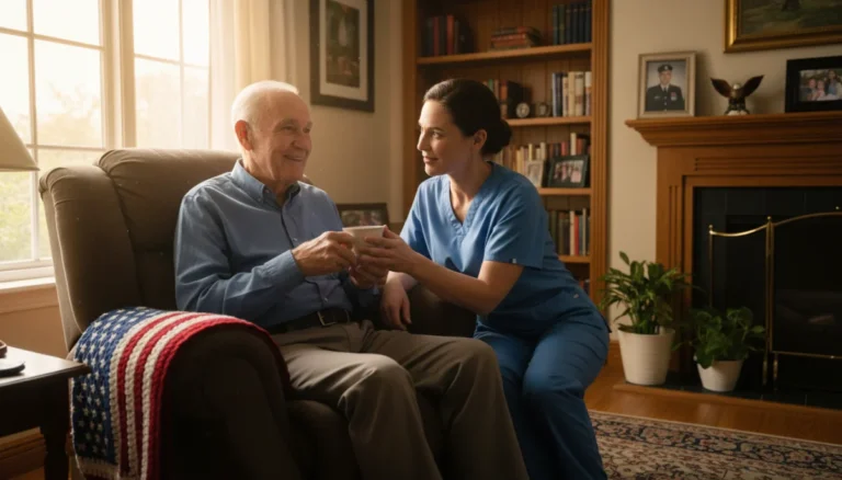 Elderly veteran receiving in-home care, smiling with caregiver assistance