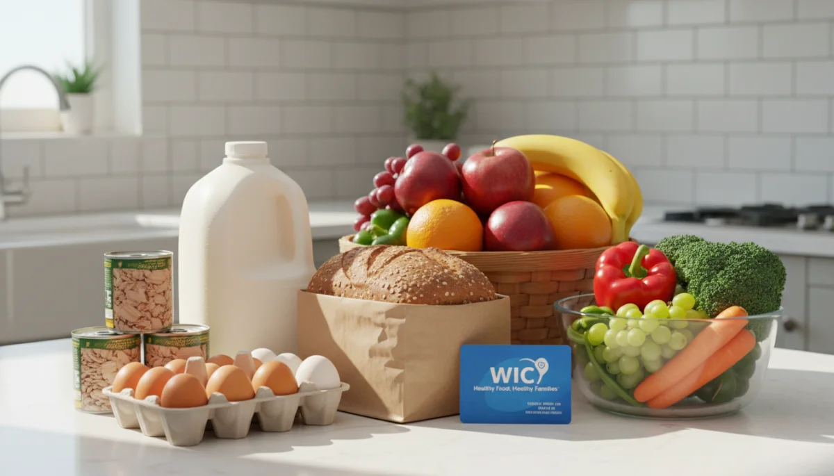 WIC approved healthy groceries on a kitchen counter