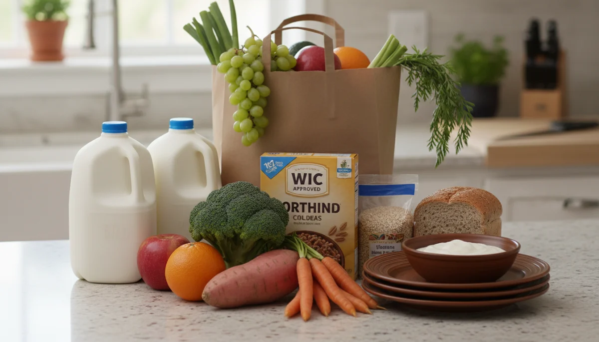 Nutritious WIC food package with fresh produce and staples