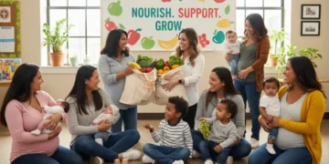 Smiling pregnant woman and child receiving WIC benefits