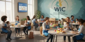 Diverse mothers and children engaging with WIC program resources