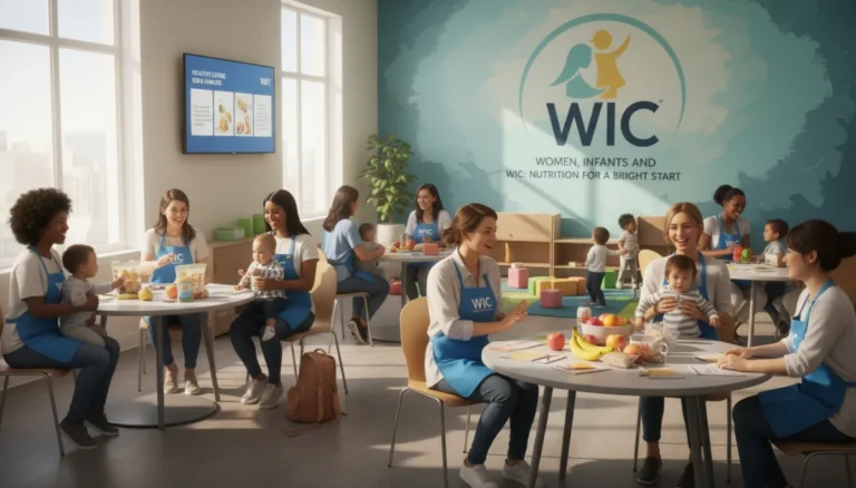 Diverse mothers and children engaging with WIC program resources