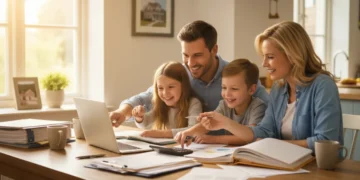 Happy family reviewing tax documents, symbolizing financial relief from EITC