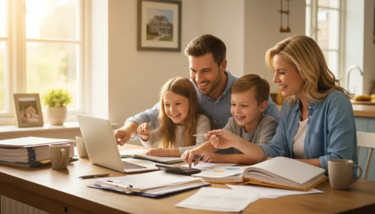 Happy family reviewing tax documents, symbolizing financial relief from EITC