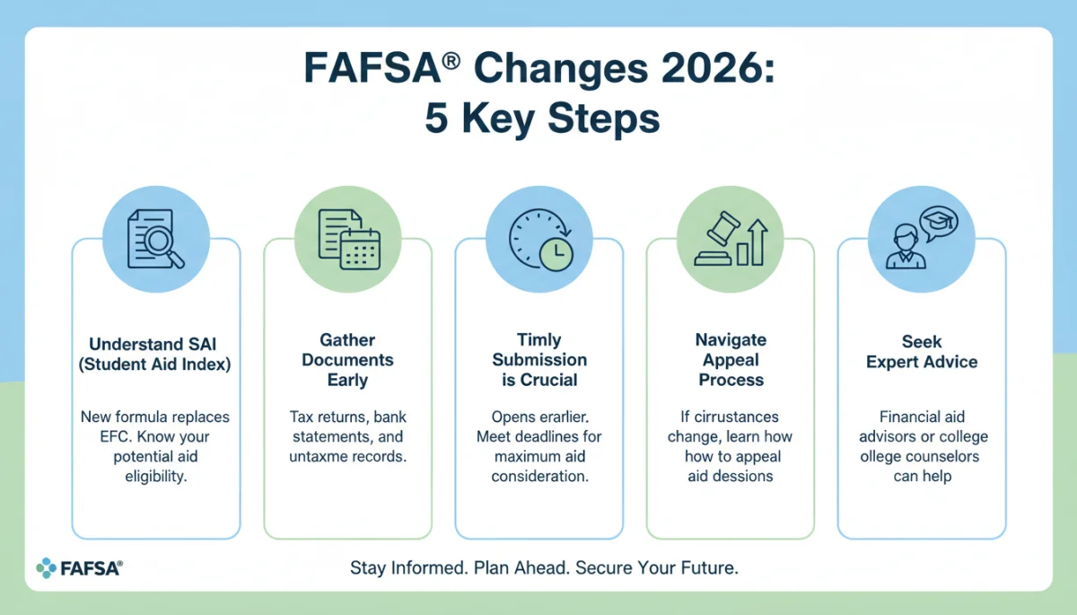 Infographic showing five steps to navigate FAFSA 2026 changes for student aid
