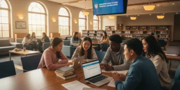 Students working together on laptops and documents, symbolizing FAFSA 2026 preparation