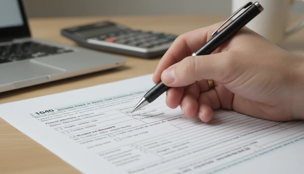 Hand filling out IRS tax form for EITC eligibility
