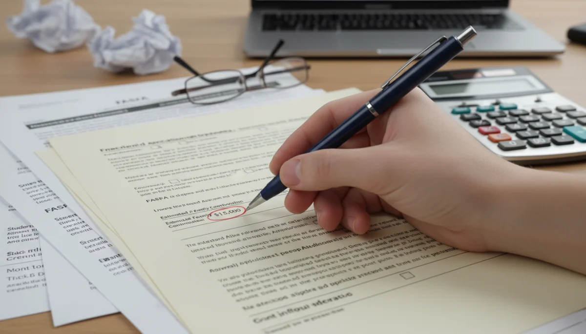 Hand highlighting crucial sections on a federal student aid form