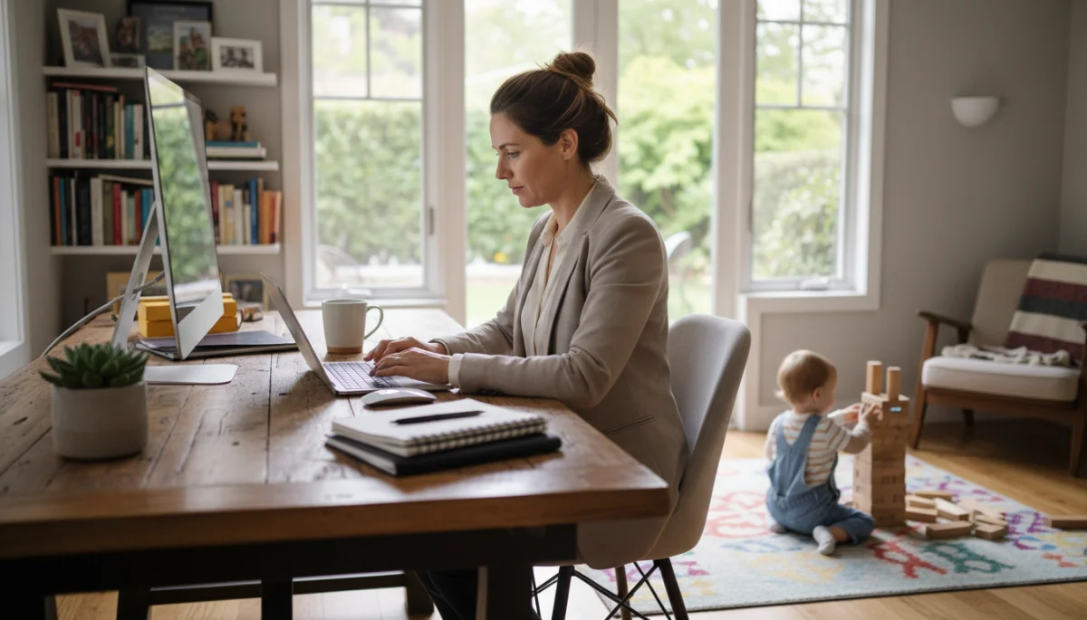 Professional woman working remotely with child in background