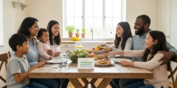 Happy family enjoying a nutritious meal, symbolizing food security and SNAP benefits.
