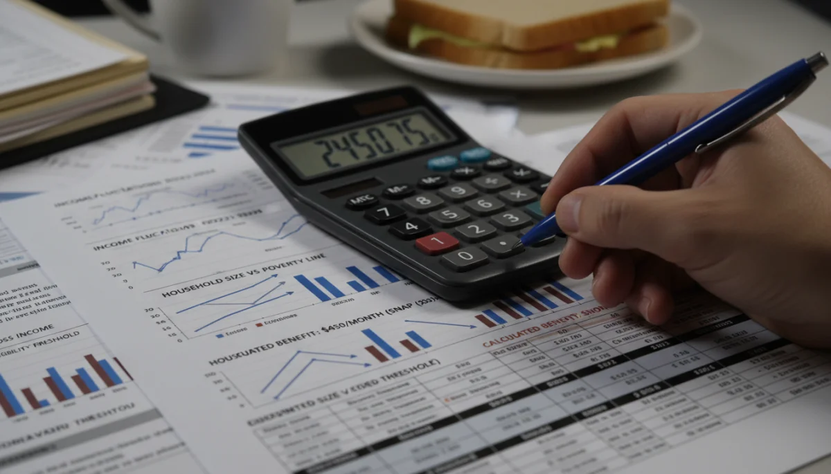 Calculator and financial documents for SNAP income threshold calculation.