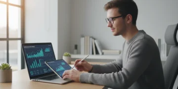 Student studying for digital standardized tests on a laptop in a modern setting