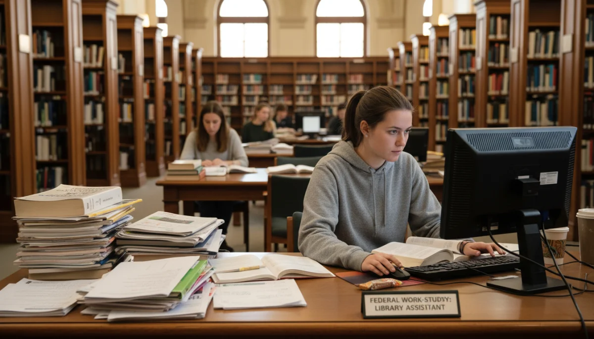 Student working in university library, a common work-study position