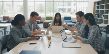 College students reviewing 2026 Federal Student Aid application details on laptops