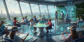 Students engaging with futuristic educational technology in a modern US classroom, illustrating innovation.