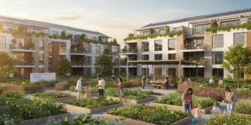 Modern affordable housing complex with diverse residents in a community garden.