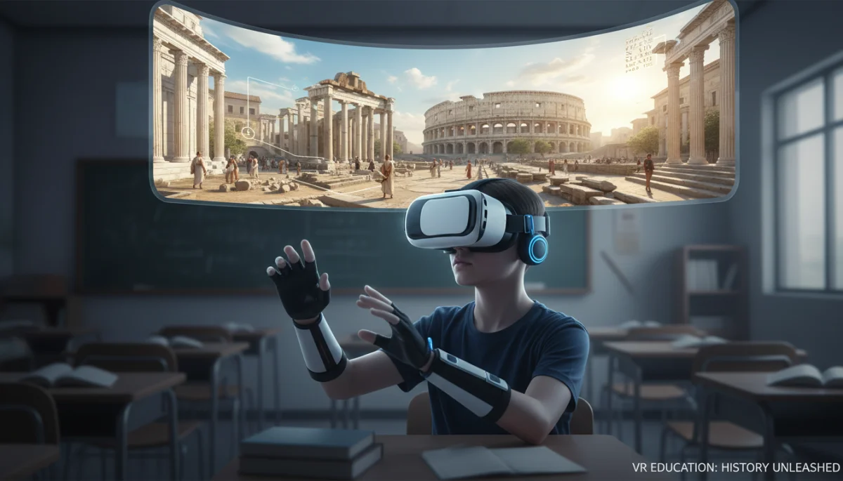 Student immersed in a virtual reality learning experience for history class.