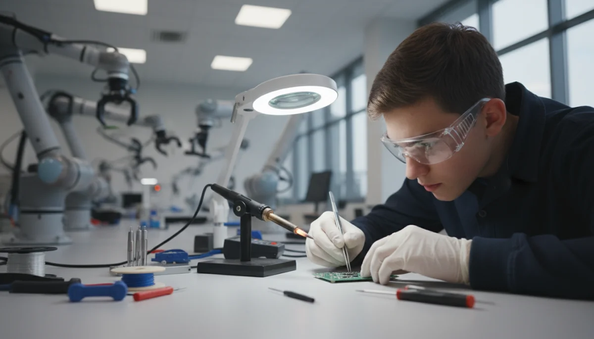 Student in advanced manufacturing lab assembling electronic components with precision.