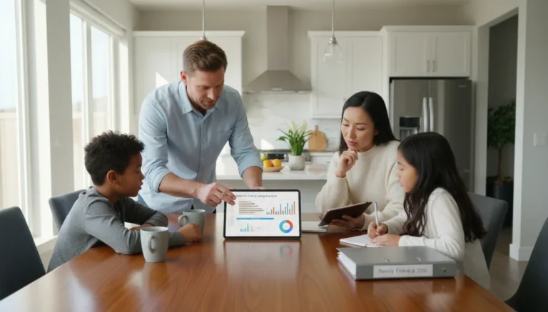 Family reviewing 2026 cost of living expenses on a tablet