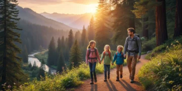 Happy family hiking in a national park, enjoying an affordable vacation