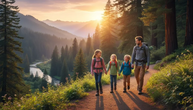 Happy family hiking in a national park, enjoying an affordable vacation