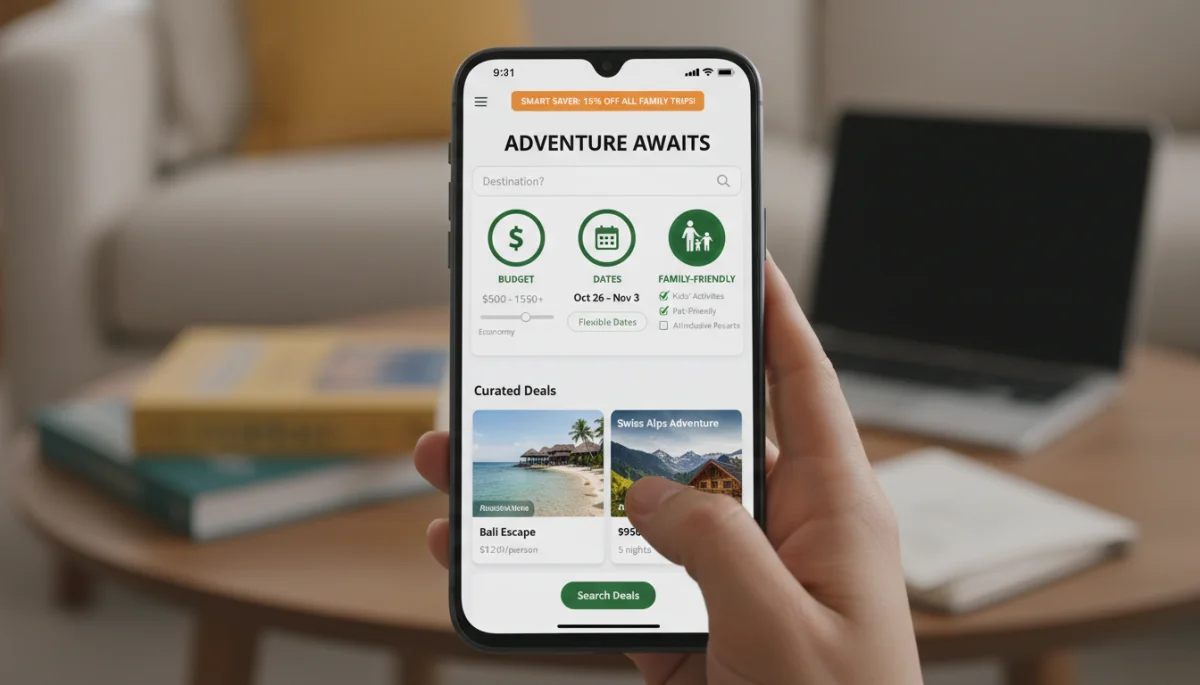 Smartphone displaying travel booking app with budget filters
