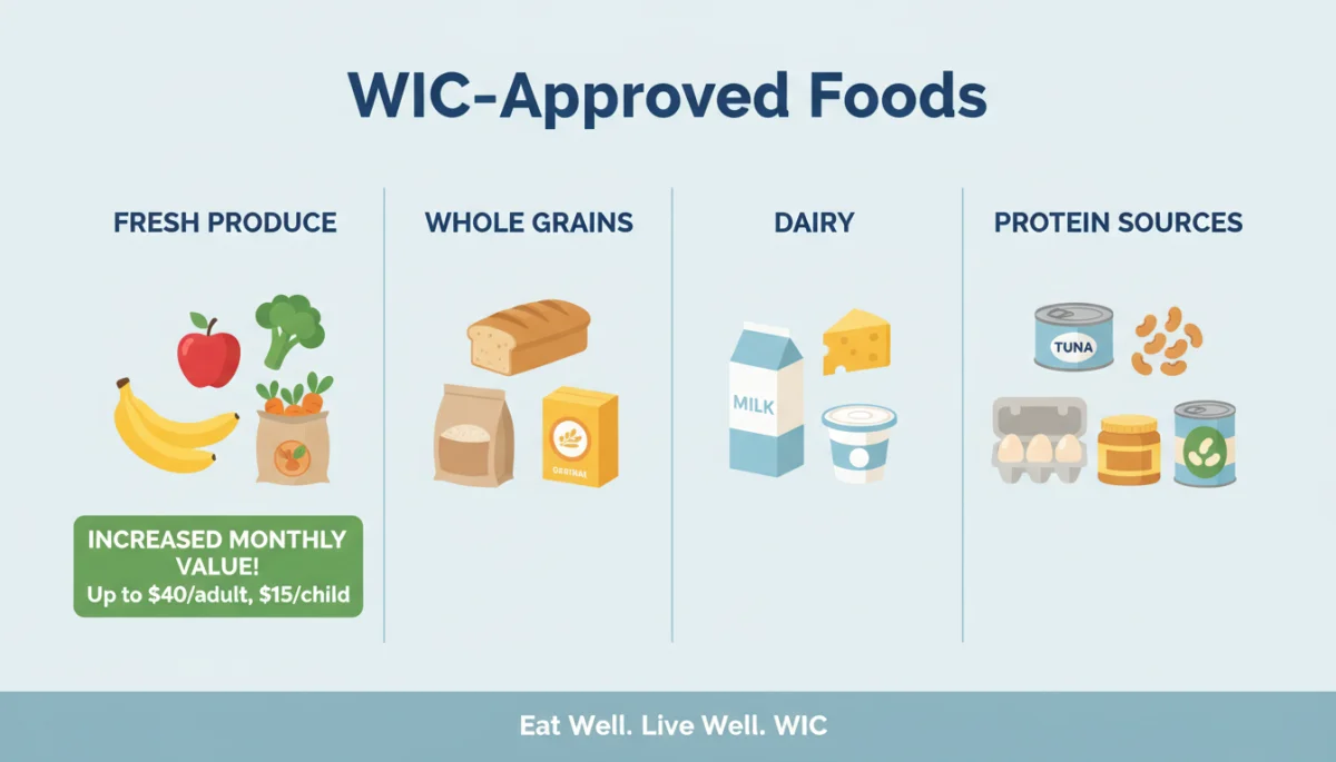 Infographic showing diverse WIC-approved food categories and benefits