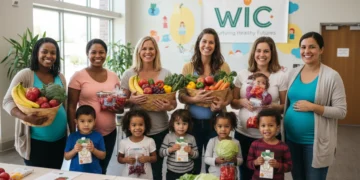 Diverse mothers and children with WIC-approved healthy foods